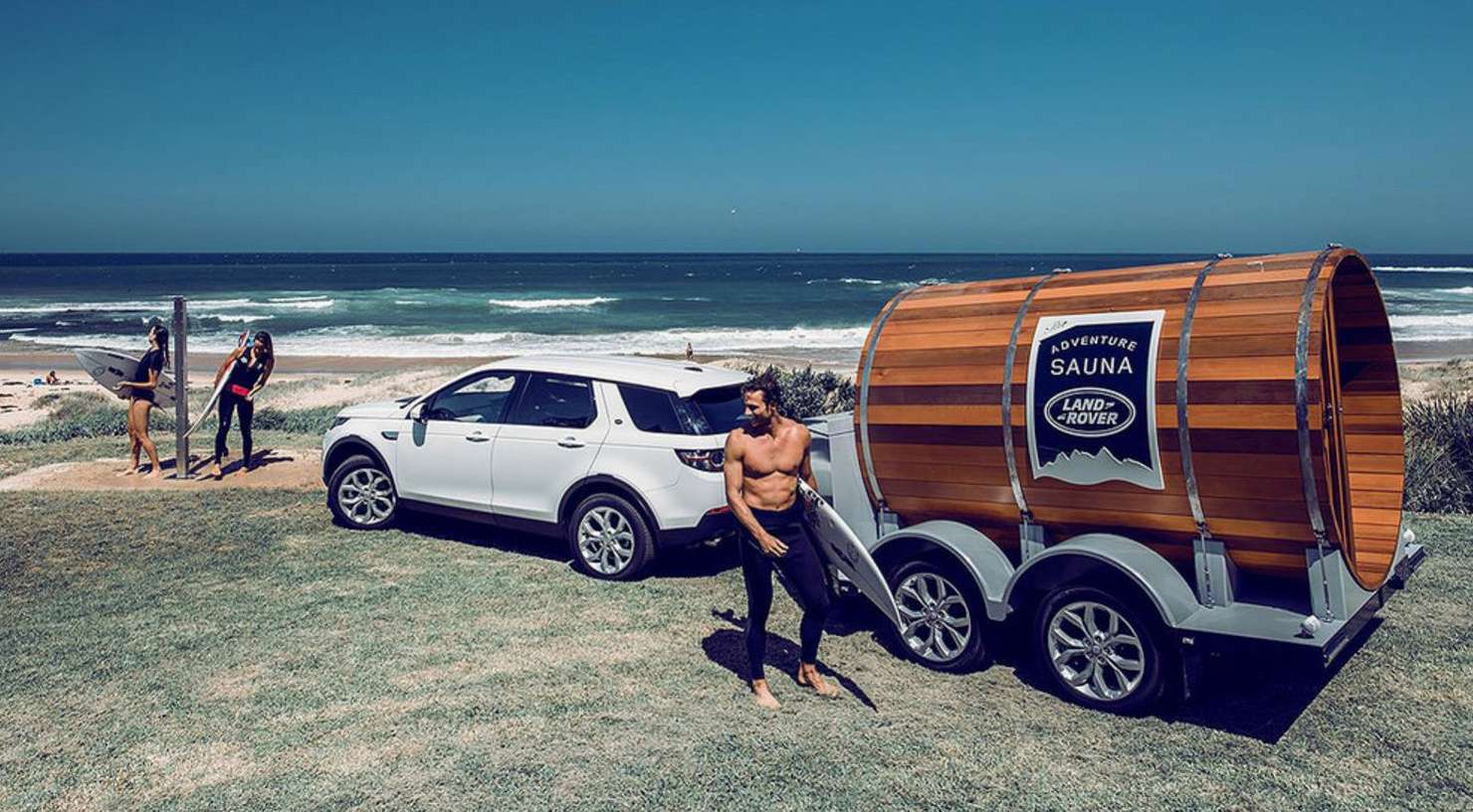 Adventure Sauna towed to a winter surf break